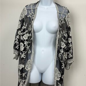 Black Lace Kimono with White Floral Embroidery